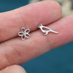 Mismatched Cardinal Bird and Flower Stud Earrings in Sterling Silver, Asymmetric Bird and Flower Earrings
