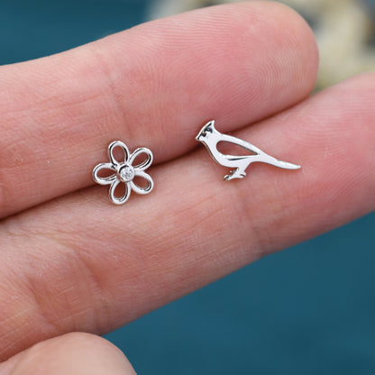 Mismatched Cardinal Bird and Flower Stud Earrings in Sterling Silver, Asymmetric Bird and Flower Earrings