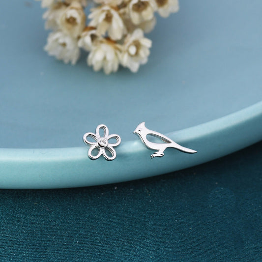 Mismatched Cardinal Bird and Flower Stud Earrings in Sterling Silver, Asymmetric Bird and Flower Earrings