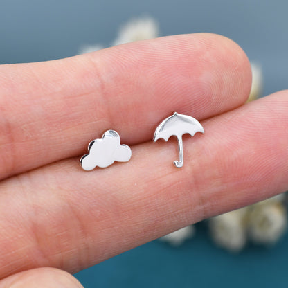 Mismatched Cloud and Umbrella Stud Earrings in Sterling Silver, Asymmetric Weather Earrings, Rain Cloud and Umbrella Earrings