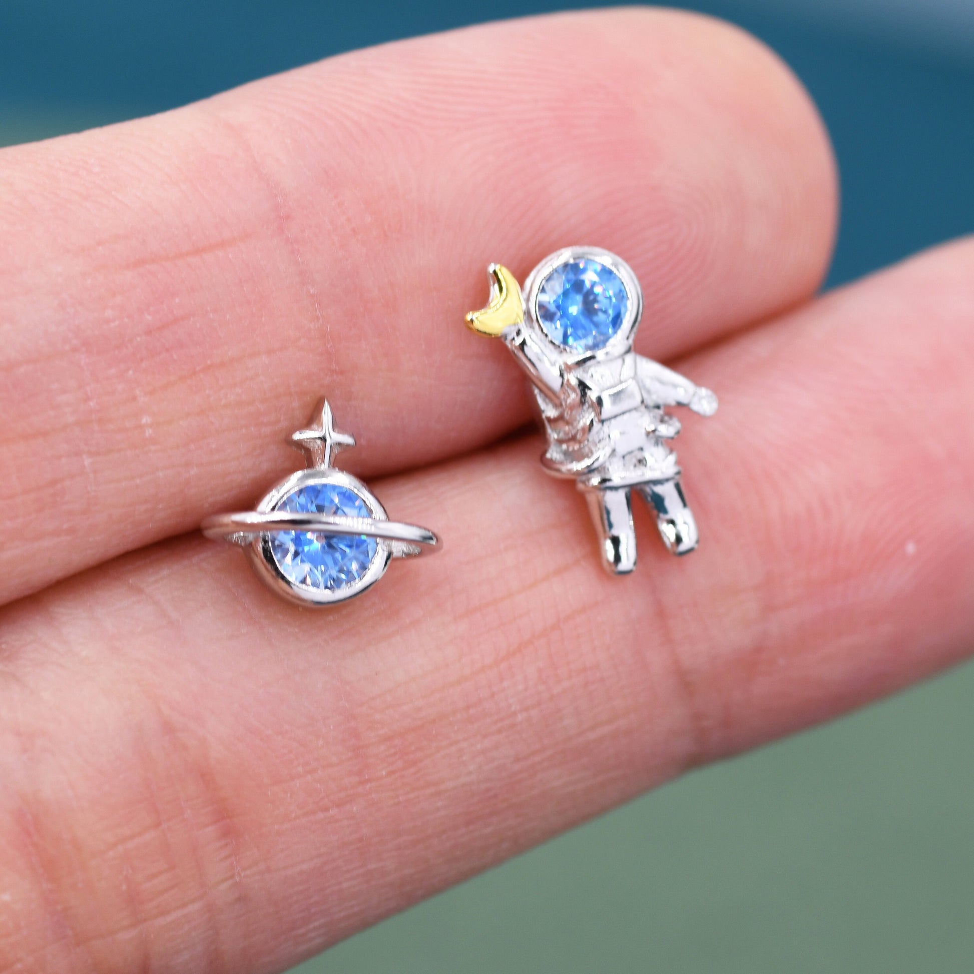 Mismatched Astronaut and Planet Stud Earrings in Sterling Silver, Asymmetric Planet and Spaceman Earrings with Blue CZ, Cute and Fun