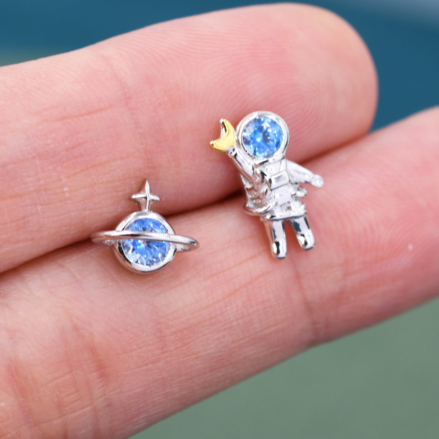 Mismatched Astronaut and Planet  Stud Earrings in Sterling Silver, Asymmetric Planet and Spaceman Earrings with Blue CZ, Cute and Fun