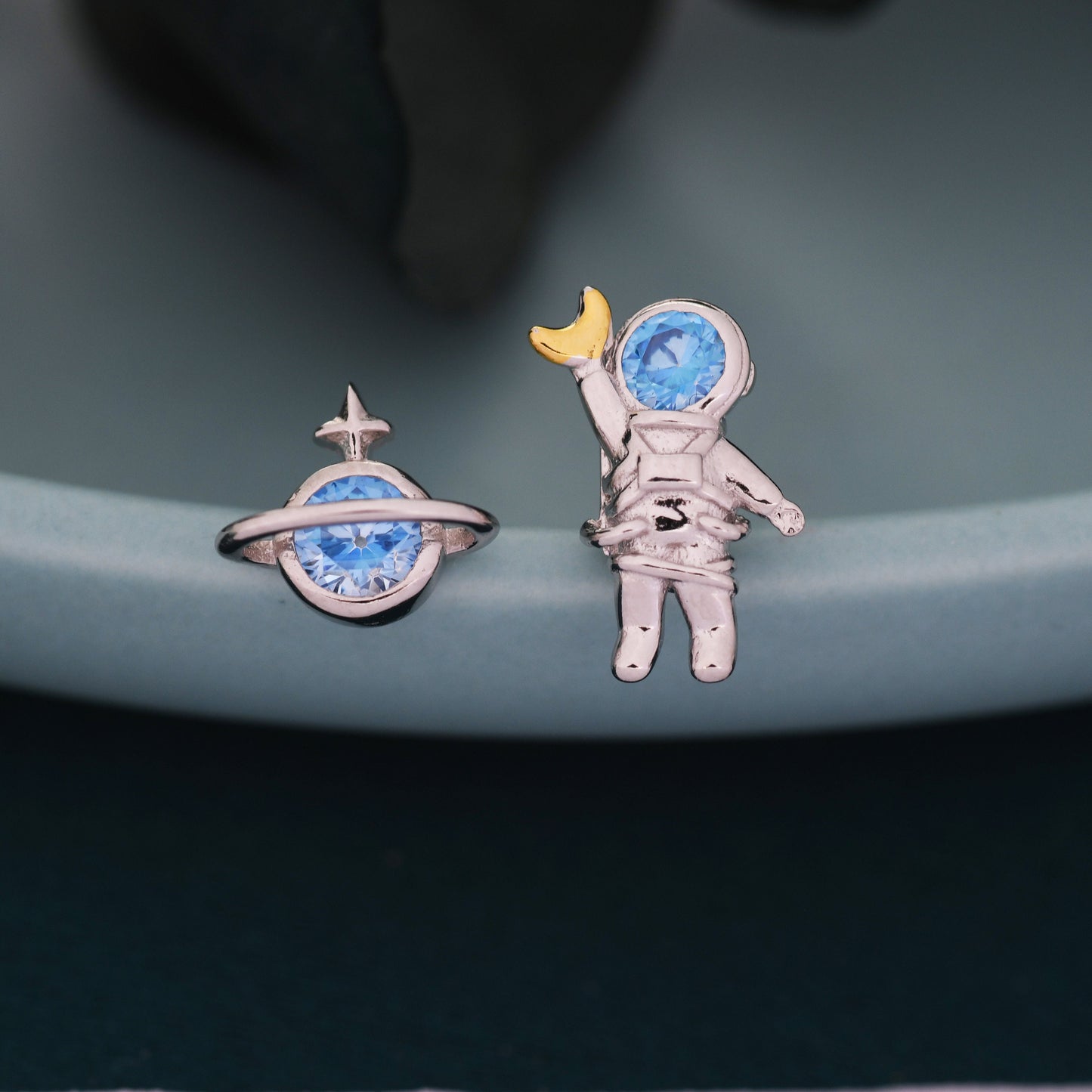 Mismatched Astronaut and Planet Stud Earrings in Sterling Silver, Asymmetric Planet and Spaceman Earrings with Blue CZ, Cute and Fun