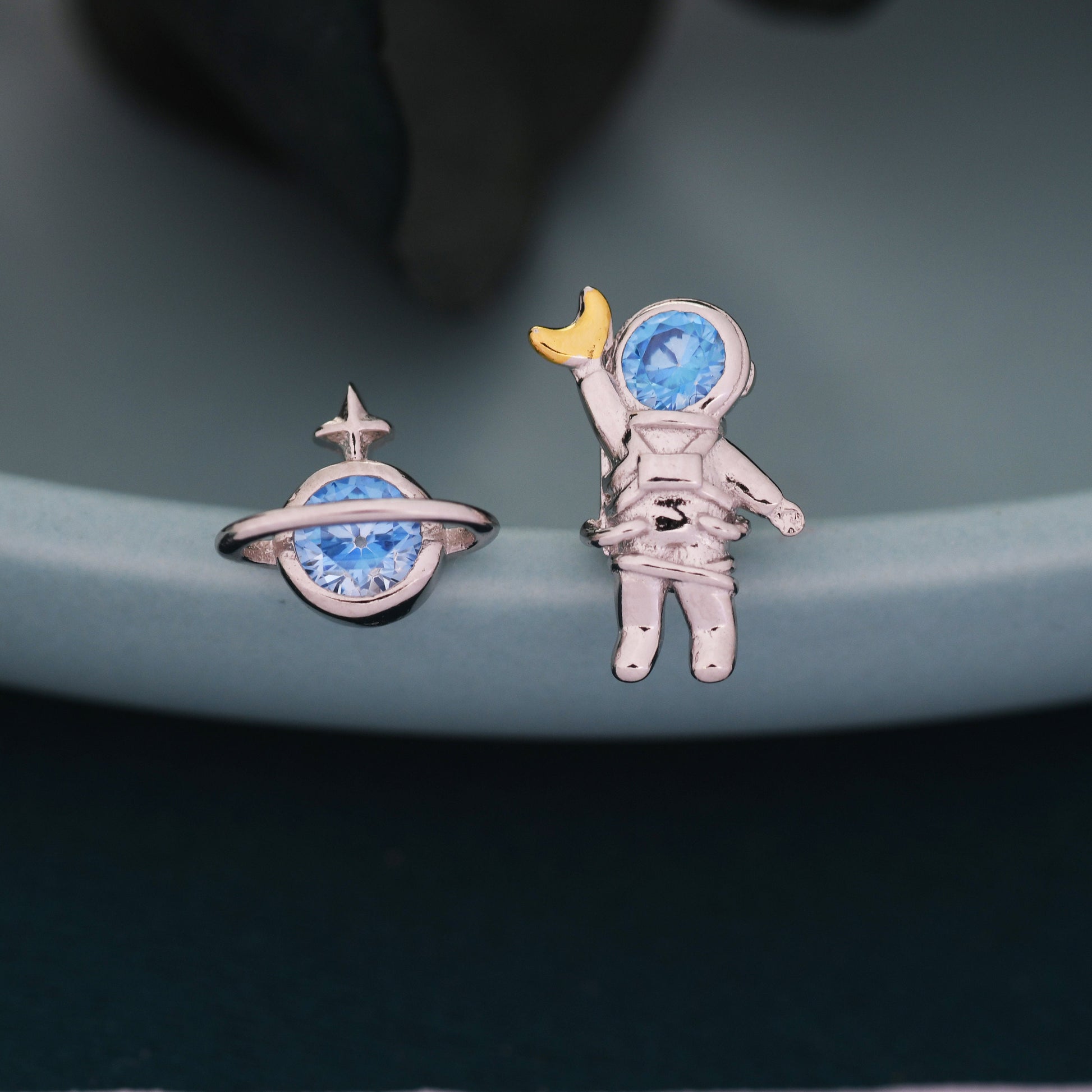 Mismatched Astronaut and Planet Stud Earrings in Sterling Silver, Asymmetric Planet and Spaceman Earrings with Blue CZ, Cute and Fun