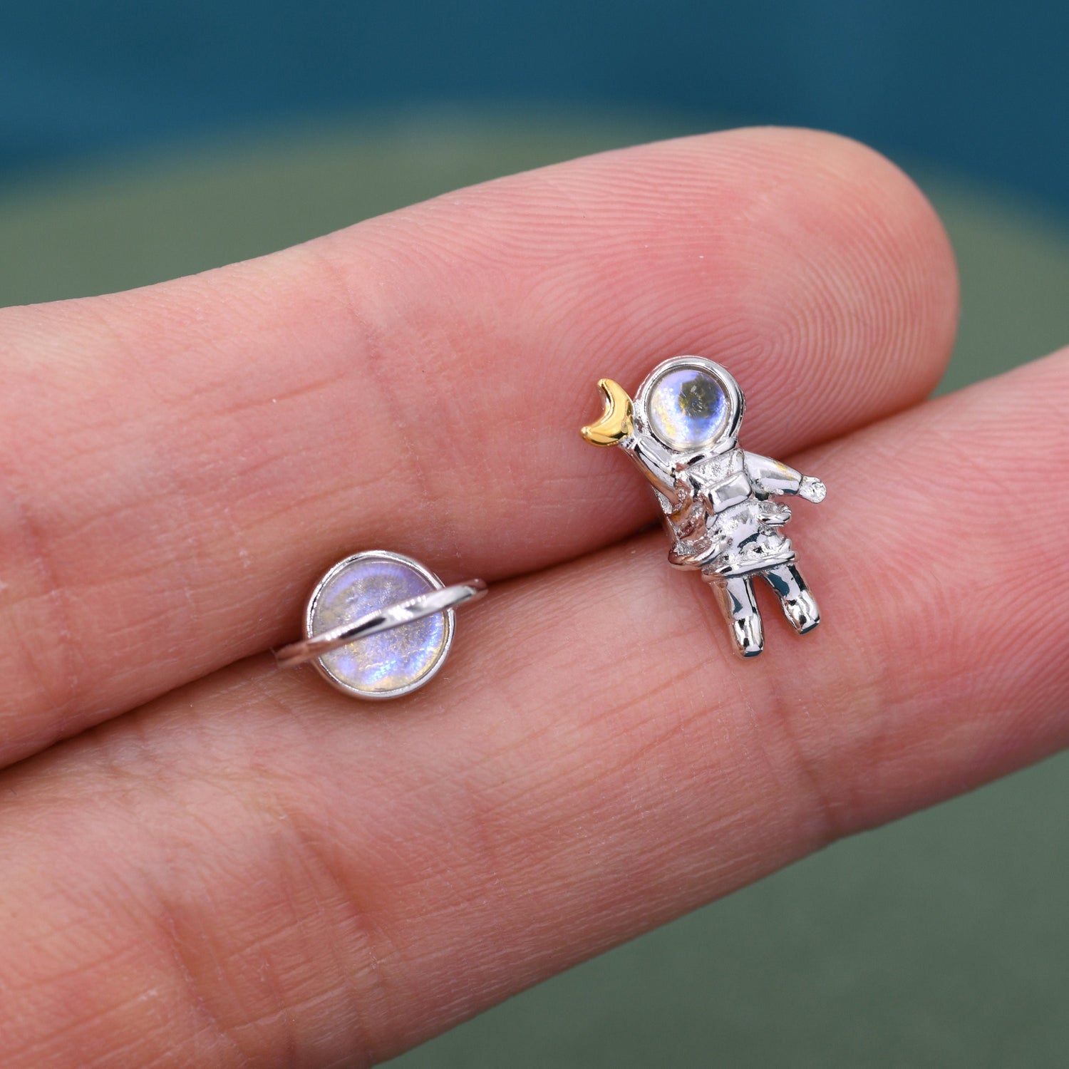 Mismatched Astronaut and Planet Stud Earrings in Sterling Silver, Asymmetric Planet and Spaceman Earrings with Moonstone, Cute and Fun