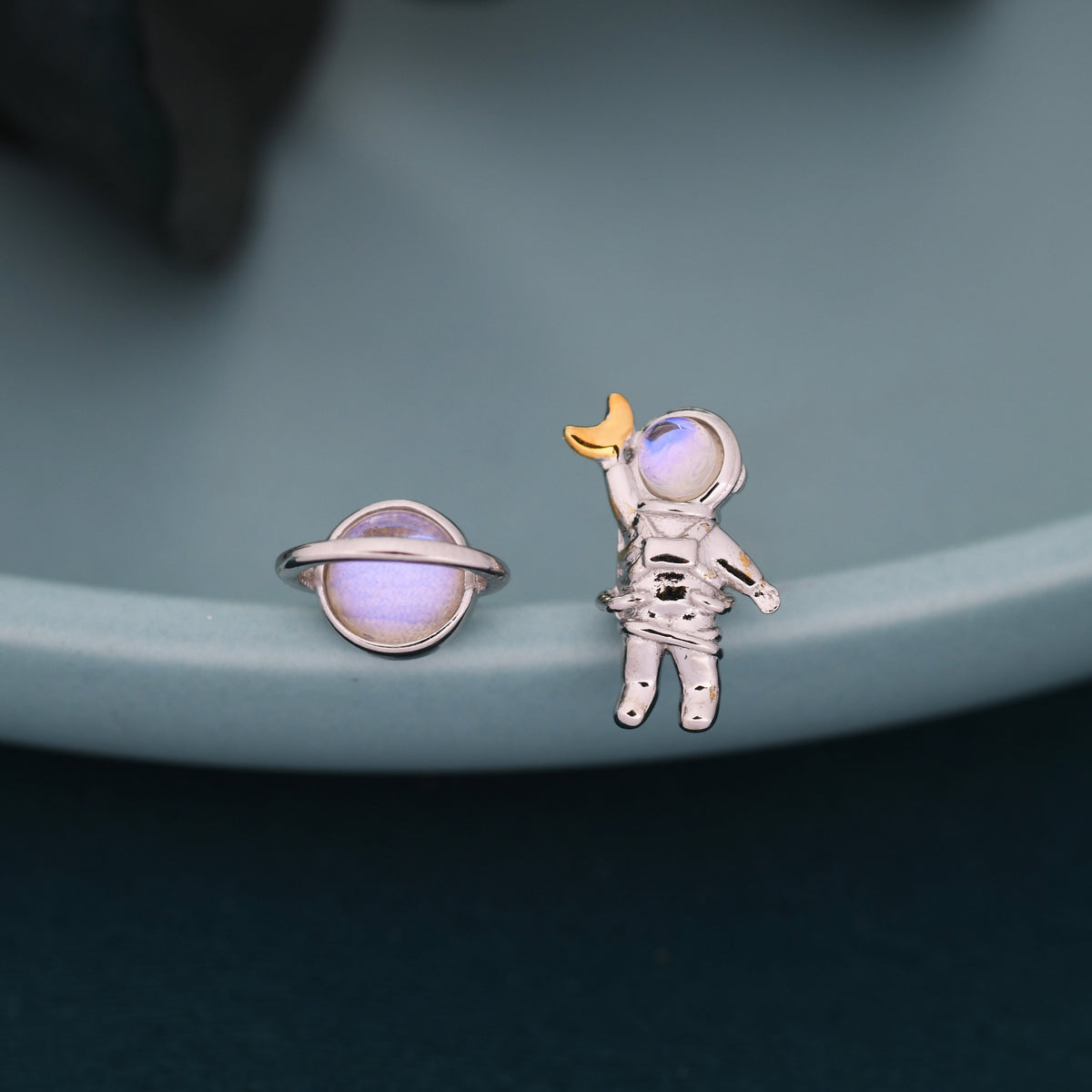 Mismatched Astronaut and Planet Stud Earrings in Sterling Silver, Asymmetric Planet and Spaceman Earrings with Moonstone, Cute and Fun
