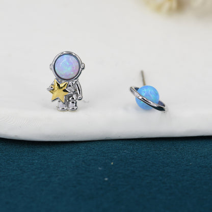 Mismatched Astronaut and Planet Stud Earrings in Sterling Silver, Asymmetric Planet and Spaceman Earrings with Blue Opal, Cute and Fun