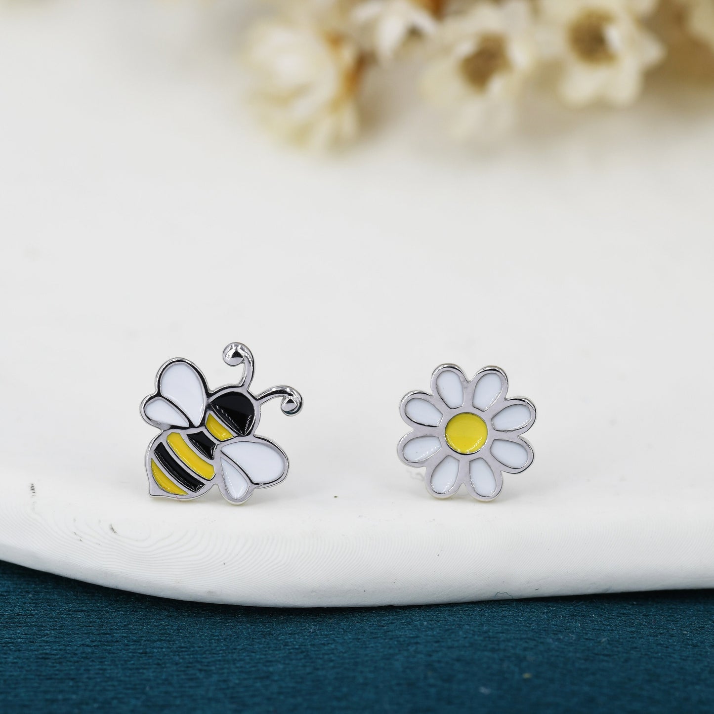 Mismatched Enamel Bee and Flower Stud Earrings in Sterling Silver, Asymmetric Bumble Bee and Flower Earrings