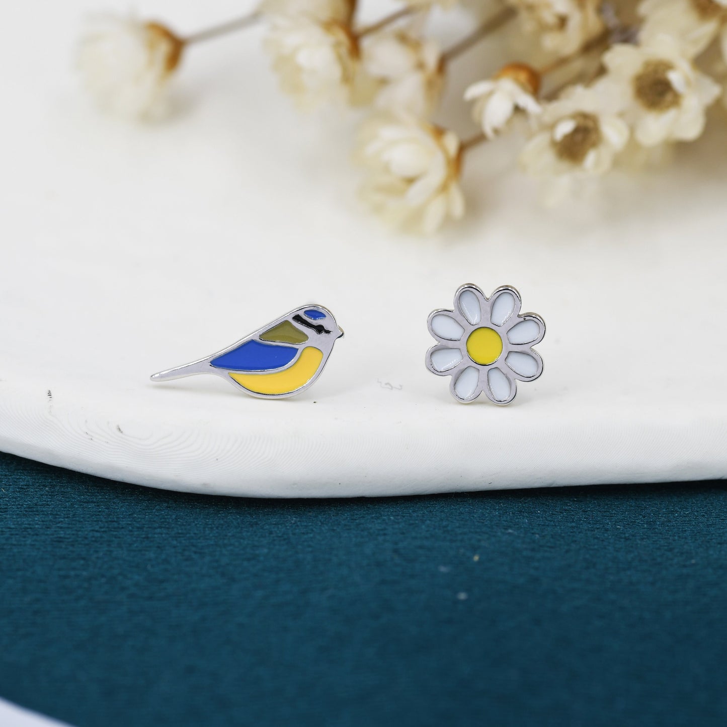 Mismatched Blue Tit Bird and Flower Stud Earrings in Sterling Silver, Asymmetric Blue tit and Daisy Earrings