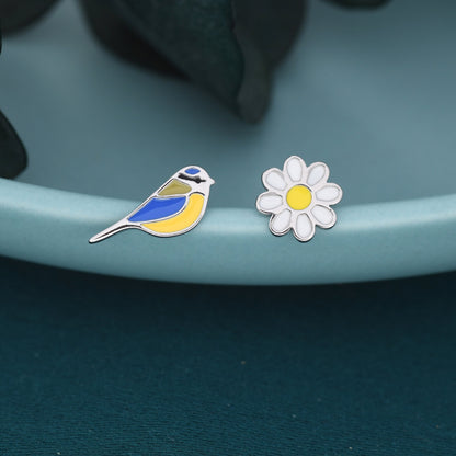 Mismatched Blue Tit Bird and Flower Stud Earrings in Sterling Silver, Asymmetric Blue tit and Daisy Earrings