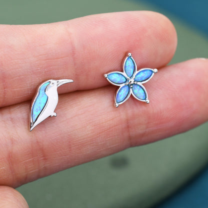 Mismatched Kingfisher Bird and Flower Stud Earrings in Sterling Silver with Blue Opals, Asymmetric Bird and Flower Earrings, Lab Opals