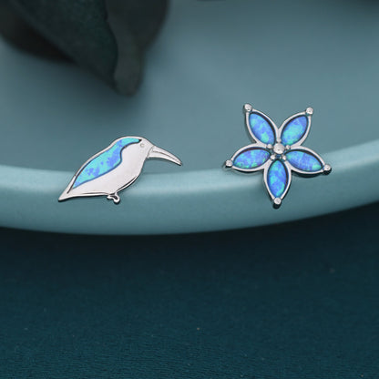 Mismatched Kingfisher Bird and Flower Stud Earrings in Sterling Silver with Blue Opals, Asymmetric Bird and Flower Earrings, Lab Opals