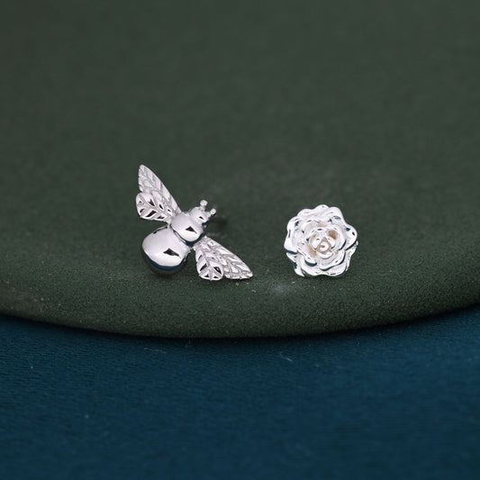 Mismatched Bee and Flower Stud Earrings in Sterling Silver, Asymmetric Bumble Bee and Rose Earrings