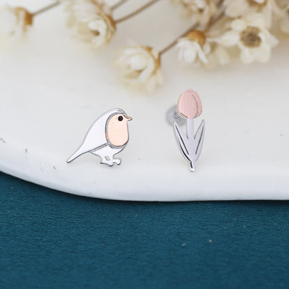 Mismatched Robin Bird and Tulip Flower Stud Earrings in Sterling Silver, Asymmetric Bird and Flower Earrings