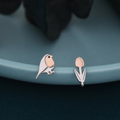 Mismatched Robin Bird and Tulip Flower Stud Earrings in Sterling Silver, Asymmetric Bird and Flower Earrings