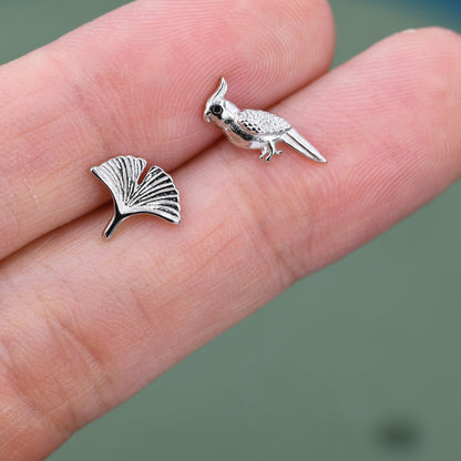 Mismatched Parrot and Ginkgo Leaf Stud Earrings in Sterling Silver, Asymmetric Bird and  Leaf Earrings