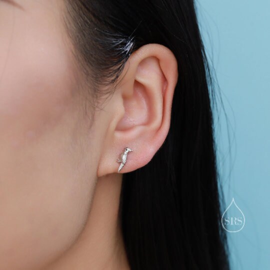 Mismatched Parrot and Ginkgo Leaf Stud Earrings in Sterling Silver, Asymmetric Bird and  Leaf Earrings