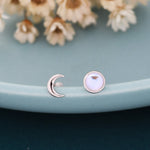 Mismatched Moon Phase Stud Earrings in Sterling Silver, Asymmetric Full Moon and Crescent Moon Earrings