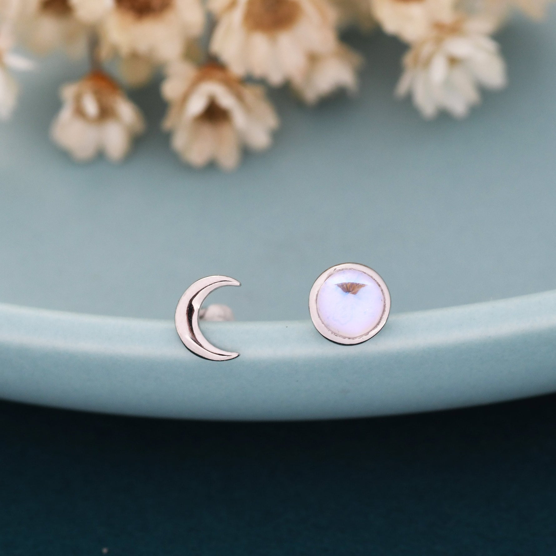 Mismatched Moon Phase Stud Earrings in Sterling Silver, Asymmetric Full Moon and Crescent Moon Earrings