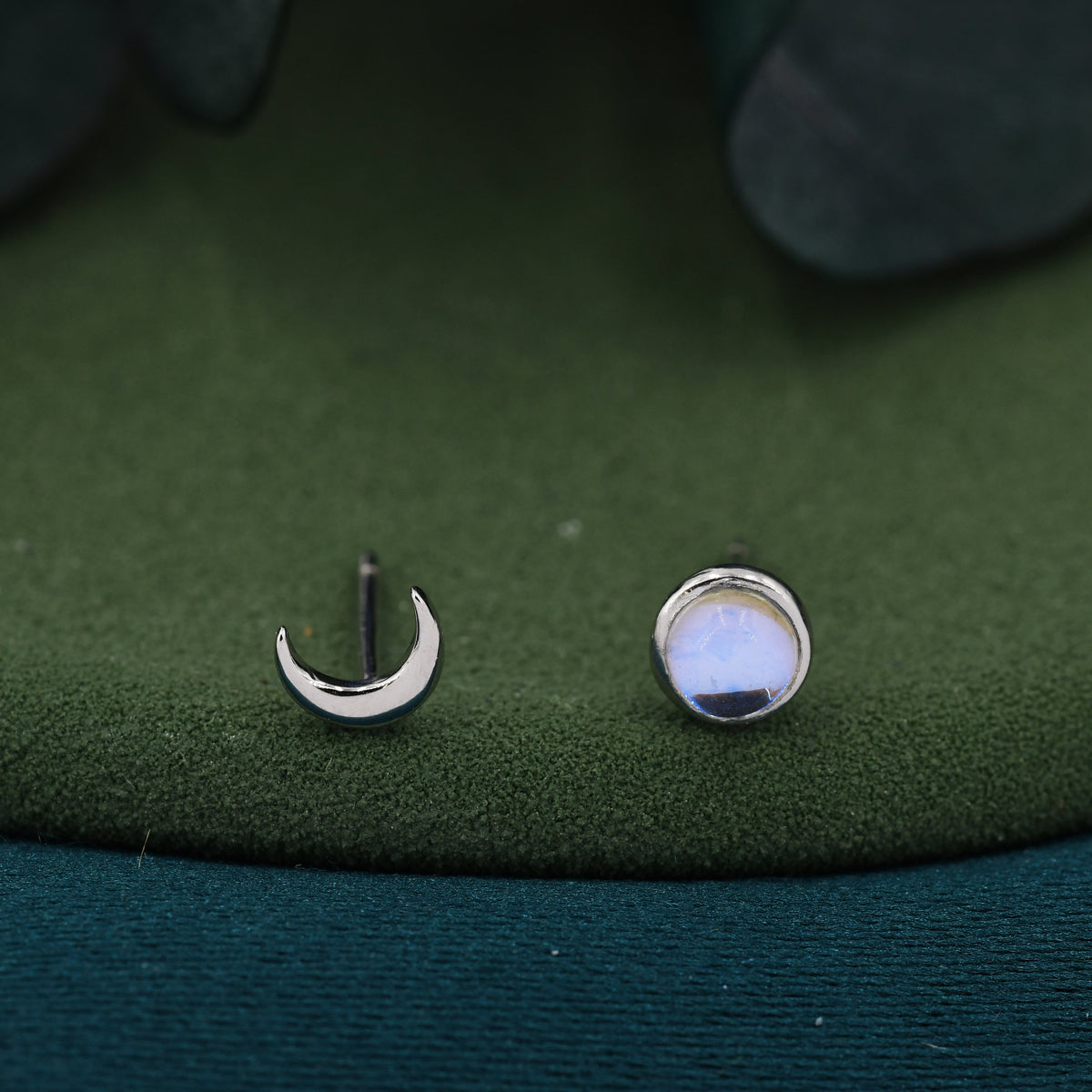 Mismatched Moon Phase Stud Earrings in Sterling Silver, Asymmetric Full Moon and Crescent Moon Earrings