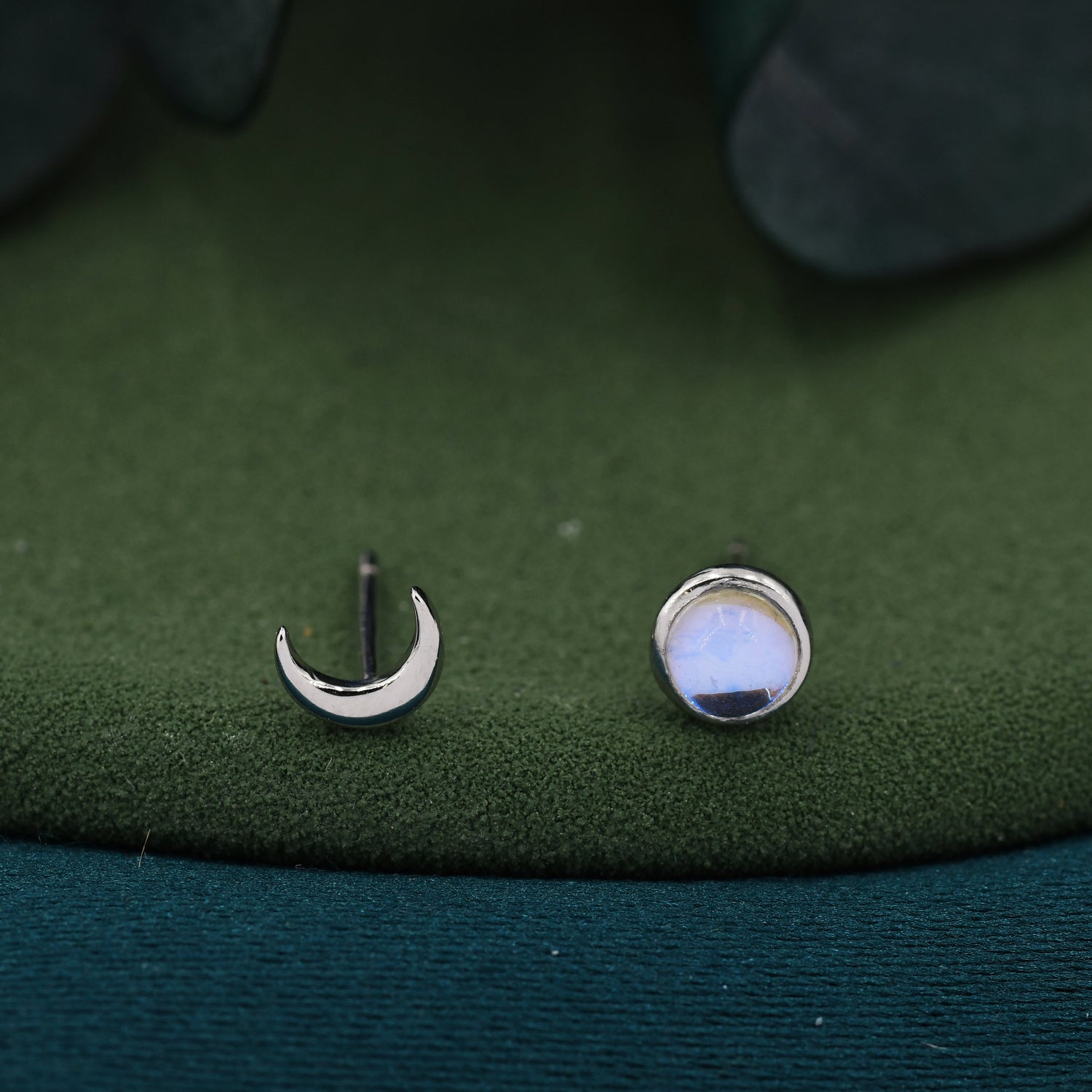 Mismatched Moon Phase Stud Earrings in Sterling Silver, Asymmetric Full Moon and Crescent Moon Earrings