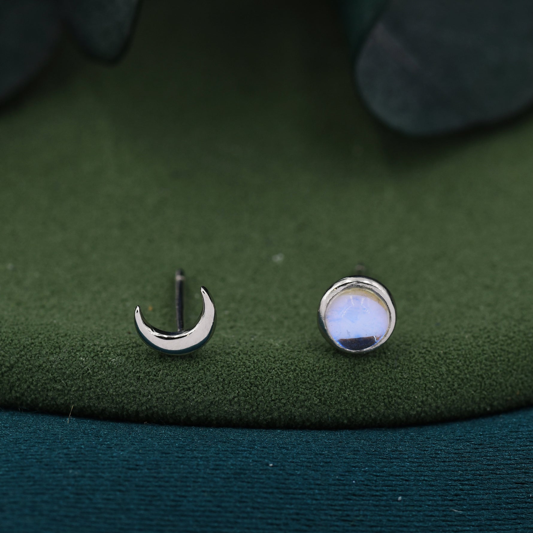 Mismatched Moon Phase Stud Earrings in Sterling Silver, Asymmetric Full Moon and Crescent Moon Earrings