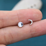 Mismatched Moon Phase Stud Earrings in Sterling Silver, Asymmetric Full Moon and Crescent Moon Earrings