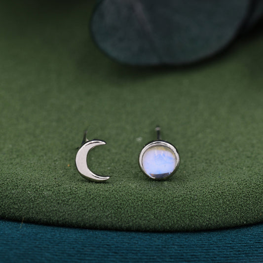 Mismatched Moon Phase Stud Earrings in Sterling Silver, Asymmetric Full Moon and Crescent Moon Earrings