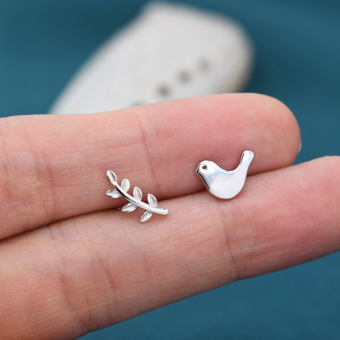 Mismatched Peace Dove and Olive Branch Stud Earrings in Sterling Silver, Asymmetric Bird and Leaf Earrings