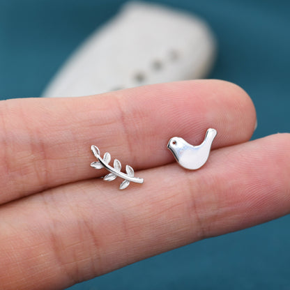 Mismatched Peace Dove and Olive Branch Stud Earrings in Sterling Silver, Asymmetric Bird and Leaf Earrings