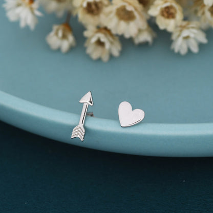 Mismatched Tiny Arrow and Heart Stud Earrings in Sterling Silver, Asymmetric Arrow and Heart Earrings