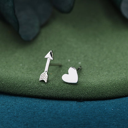 Mismatched Tiny Arrow and Heart Stud Earrings in Sterling Silver, Asymmetric Arrow and Heart Earrings