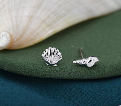 Mismatched Tiny Seashell Stud Earrings in Sterling Silver, Asymmetric Shell Earrings