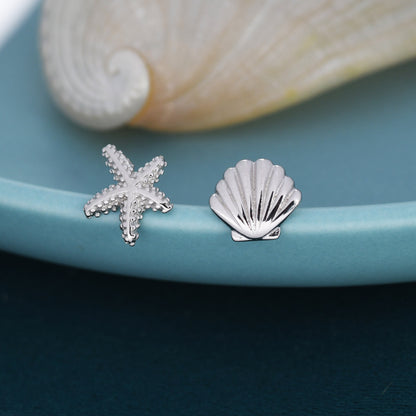 Mismatched Tiny Seashell and Starfish Stud Earrings in Sterling Silver, Silver, Gold or Rose Gold, Asymmetric Shell and Sea Star Earrings