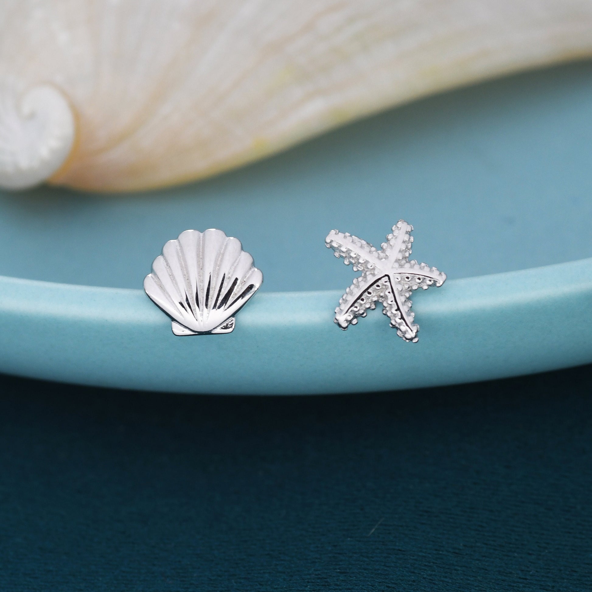 Mismatched Tiny Seashell and Starfish Stud Earrings in Sterling Silver, Silver, Gold or Rose Gold, Asymmetric Shell and Sea Star Earrings