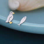 Mismatched Puffin Bird and Fish Stud Earrings in Sterling Silver, Asymmetric Bird and Fish Earrings