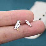 Mismatched Puffin Bird and Fish Stud Earrings in Sterling Silver, Asymmetric Bird and Fish Earrings