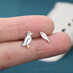 Mismatched Puffin Bird and Fish Stud Earrings in Sterling Silver, Asymmetric Bird and Fish Earrings