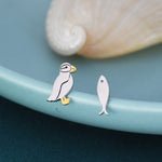 Mismatched Puffin Bird and Fish Stud Earrings in Sterling Silver, Asymmetric Bird and Fish Earrings