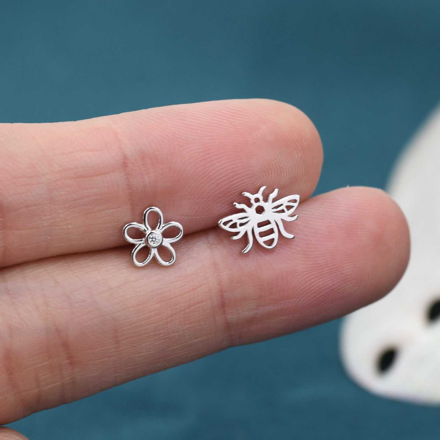 Mismatched Bee and Flower Stud Earrings in Sterling Silver, Asymmetric Bee and Flower Earrings