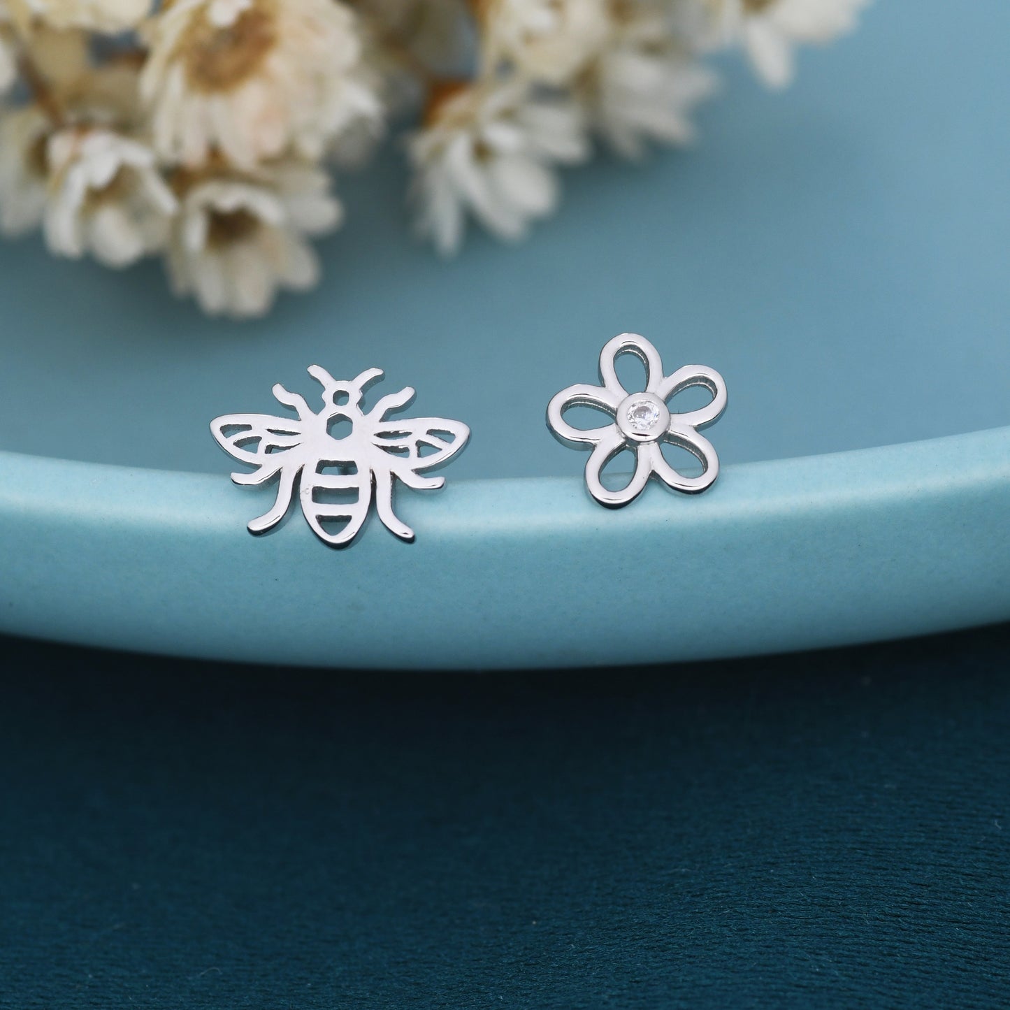 Mismatched Bee and Flower Stud Earrings in Sterling Silver, Asymmetric Bee and Flower Earrings