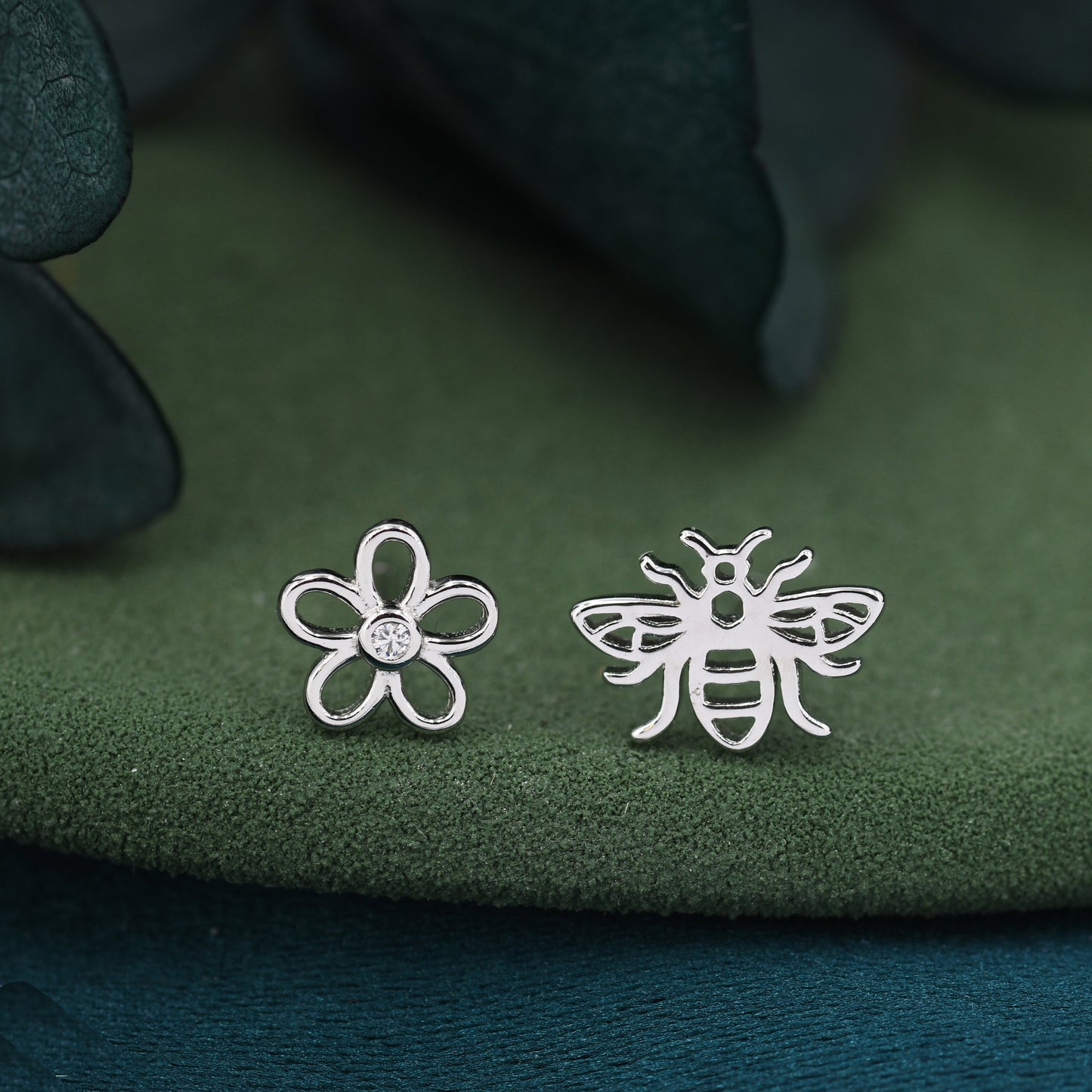 Mismatched Bee and Flower Stud Earrings in Sterling Silver, Asymmetric Bee and Flower Earrings