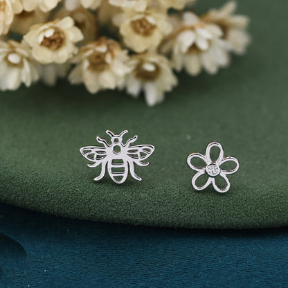 Mismatched Bee and Flower Stud Earrings in Sterling Silver, Asymmetric Bee and Flower Earrings