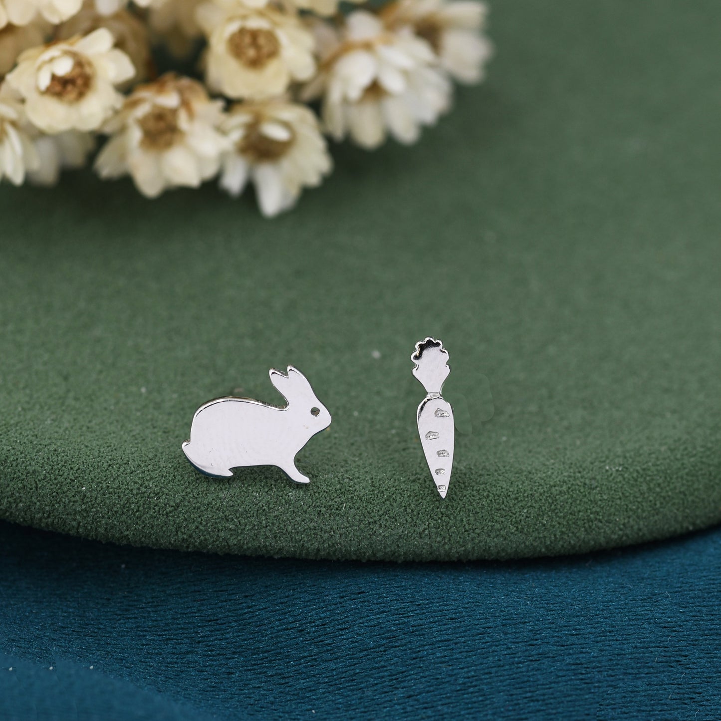 Mismatched Rabbit and Carrot Stud Earrings in Sterling Silver, Asymmetric Bunny and Carrot Earrings