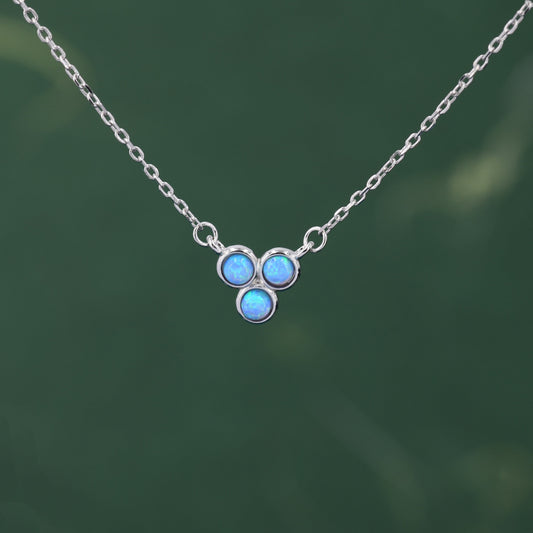 Tiny Blue Opal Trio Pendant Necklace in Sterling Silver, Tiny Opal Necklace, Three Tiny Lab Opal Pendant