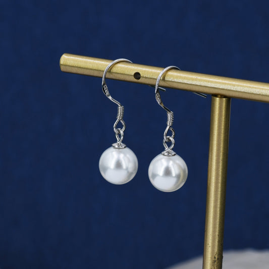 Sterling Silver Mother of Pearl Drop Hook Earrings - Simulated Pearls - Geometric Minimalist Contemporary Design