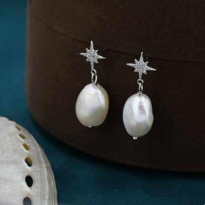 Starburst Star with Dangling Baroque Pearl Earrings in Sterling Silver, Keshi Pearl Drop Earrings,   Genuine Freshwater Pearls