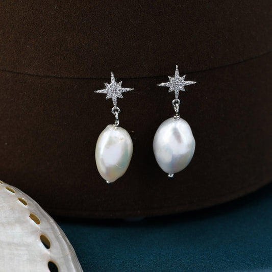 Starburst Star with Dangling Baroque Pearl Earrings in Sterling Silver, Keshi Pearl Drop Earrings,   Genuine Freshwater Pearls