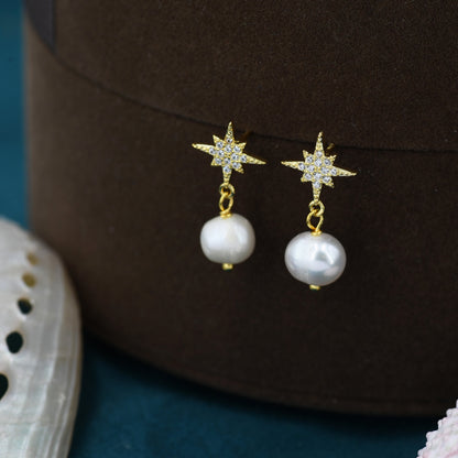 Starburst Star with Baroque Pearl Drop Earrings in Sterling Silver, Keshi Pearl Dangle Earrings,  Genuine Freshwater Pearls