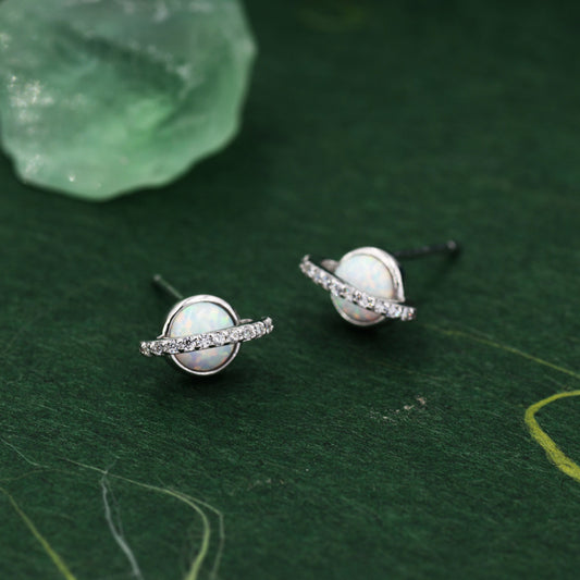 White Opal and CZ Halo Planet Stud Earrings in Sterling Silver, Lab Opal Planet Earrings, Fire Opal Saturn Earrings